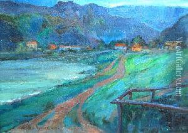 Village By A River In A Mountain Landscape At Dusk Oil Painting - Konstantin V. Dydyshko