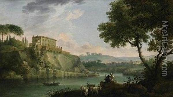 Italian River Landscape With 
Shepherds. On The Surrounding Hills Are Villas And Fortified Towns Oil Painting - Jacob Philipp Hackert