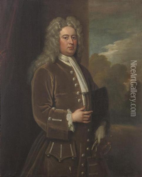 Portrait Of Dudley North Of 
Glemham (1684-1729), Three-quarter-length, In A Brown Coat, A Tricorn 
Under His Left Arm Oil Painting - Sir Godfrey Kneller