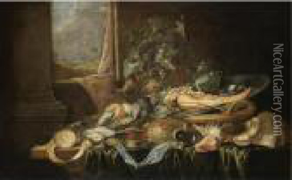 A Still Life With A Knife, A 
Partly-peeled Lemon, A Compass, An Oyster, A Sword, Shells, Wine Leaves 
Around A Roemer Of Wine And The Jawbone Of An Ass On A Pewter Plate, All
 On A Partly-draped Table, A Landscape Beyond Oil Painting - Jan Davidsz De Heem