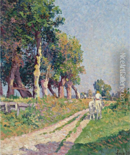Eragny, Chevaux Sur Le Chemin Ensoleille Oil Painting - Maximilien Luce