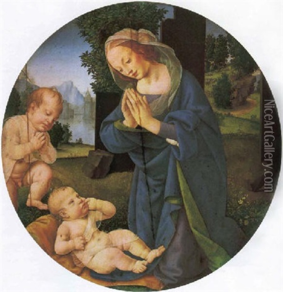 L'adorazione Del Bambino, Con L'annuncio Ai Pastori Oil Painting - Lorenzo Di Credi