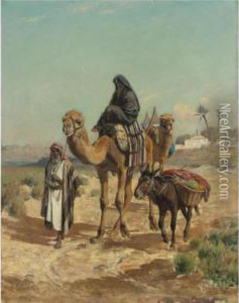 An Arab Traveler And His Wife Oil Painting - George Peter