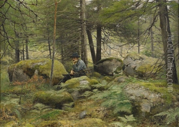 Jagare I Skog Oil Painting - Johan Tiren