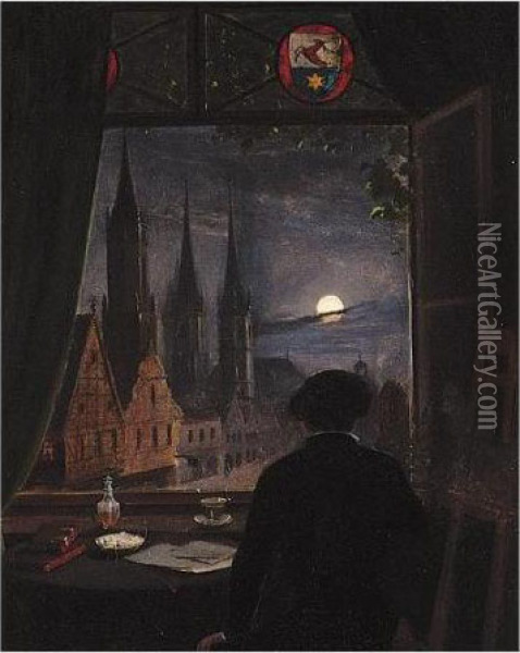 An Artist In His Studio Contemplating A Moonlit Street From His Opened Window Oil Painting - Caspar David Friedrich