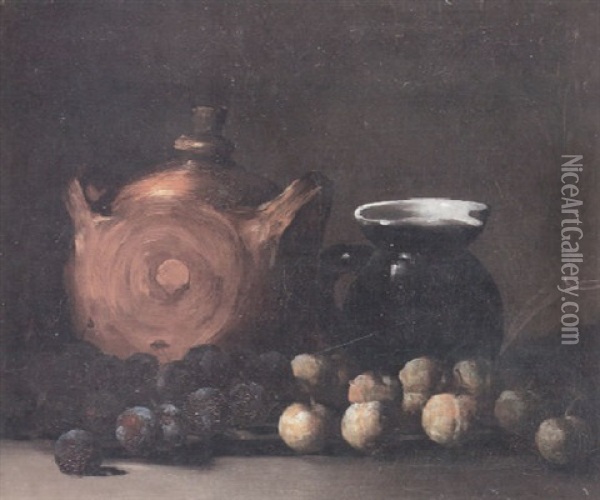 A Still Life With Plums, A Ceramic Jug And Another Vessel Oil Painting - Germain Theodore Ribot