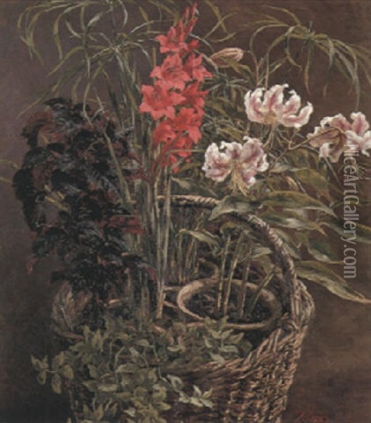 Rubrum Lilies And Gladiolus In A Straw Basket Oil Painting - Anthonie Eleonore (Anthonore) Christensen