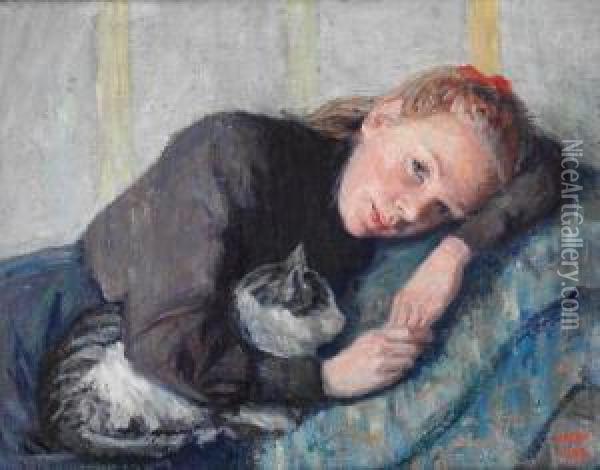Ung Kvinne Med Katt 1908 Oil Painting - Wilhelm Wetlesen