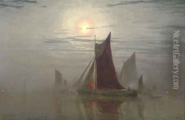 Shipping vessels by moonlight Oil Painting - William Simpson