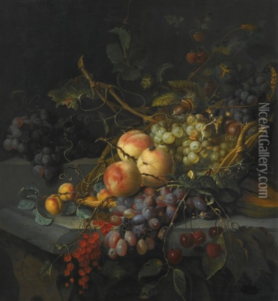 Still Life With Grapes, Peaches, Gooseberries, Cherries And Horse Chestnuts Oil Painting - Jacob van Walscapelle