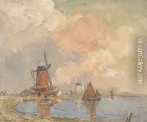 Uferpartie Mit Windmuhlen Oil Painting - Ernest Germain Vauthrin