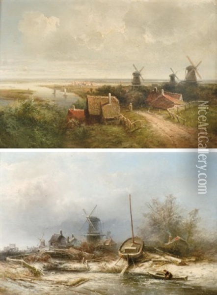 A Panoramic Summer Landscape (+ A Snow-covered Boat Yard In Winter; 2 Works) Oil Painting - Pieter Lodewijk Francisco Kluyver