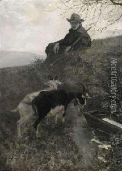 A Goatherd At A Drinking-trough Oil Painting - Hermann Pleuer