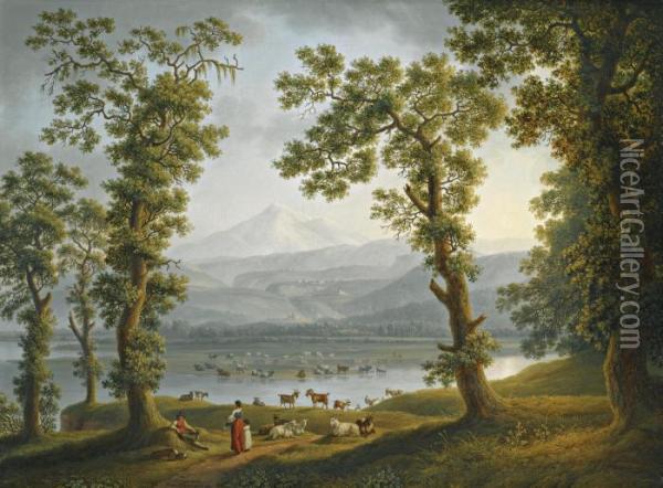 A View Across The Volturno River
 Towards Alife, Piedimonte Matese, And The Matese Mountains Rising 
Beyond Oil Painting - Jacob Philipp Hackert