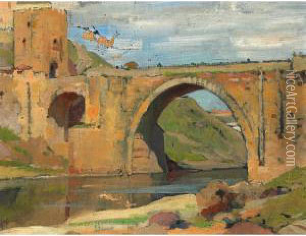 View Of A Bridge Oil Painting - John William Beatty