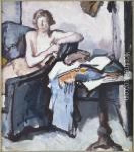 In The Studio - Model Reading Oil Painting - Samuel John Peploe