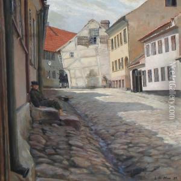Gadeparti Med Smilendegadedreng, I Baggrunden To Gaende Kadetter Oil Painting - Louis Moe