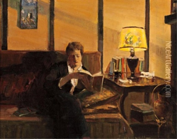 Reading By Lamplight Oil Painting - Peleg Franklin Brownell