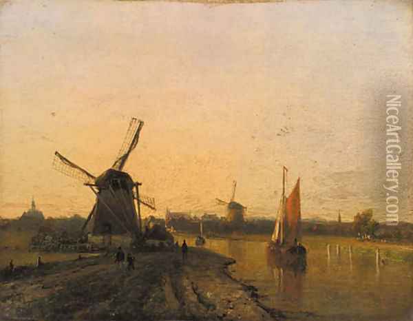 Windmills in a riverlandscape at dusk Oil Painting - Dutch School