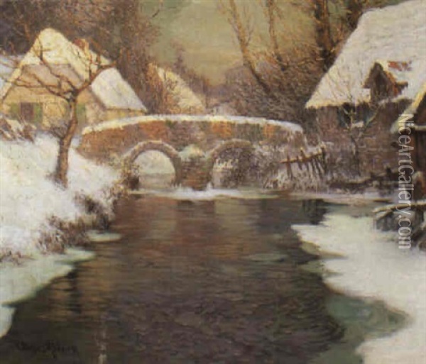 Winter Scene With Bridge And Houses Oil Painting - George Ames Aldrich