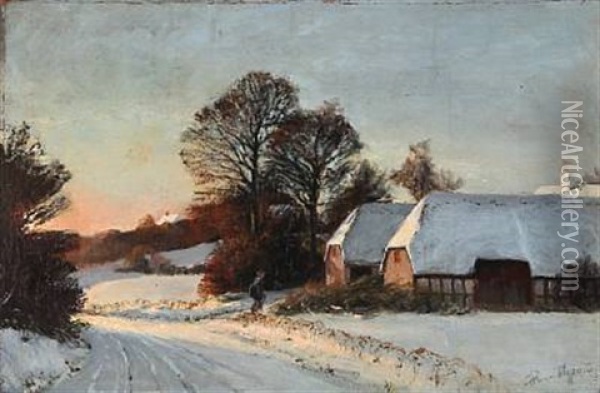 Sunset On A Winter Day In The Countryside Oil Painting - Hans Mortensen Agersnap