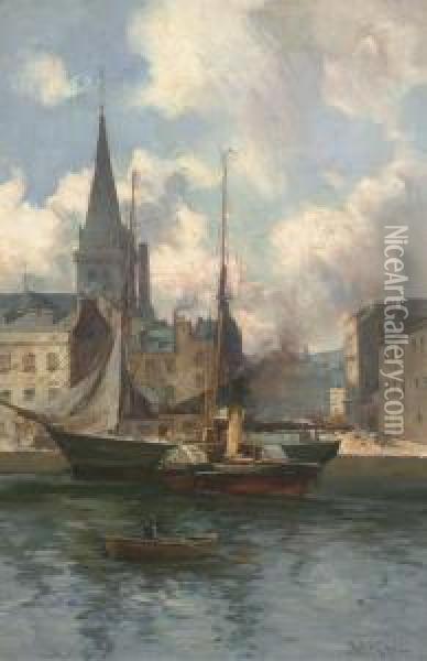 A Tug Boat And Row Boat Before A Sailing Ship Oil Painting - Joseph Milner