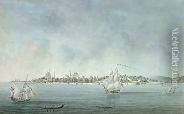 View of Sultan Ahmet and Santa Sophia from Uskudar in Constantinople Oil Painting - Jean-Baptiste Hilaire