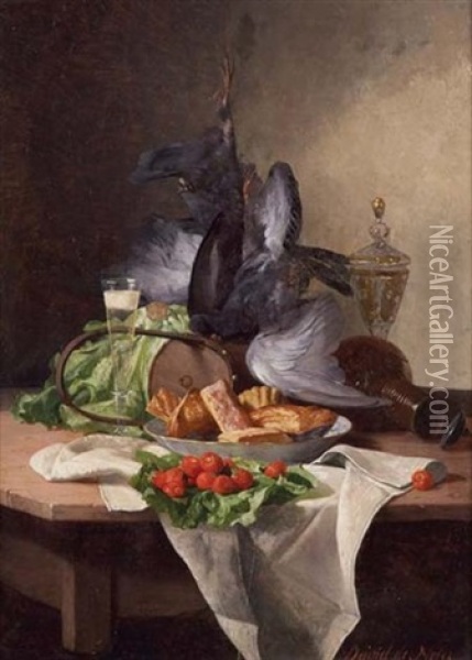 Still Life With Game, Fruit, Lettuce, Sweetbreads And Glasswear Oil Painting - David Emile Joseph de Noter