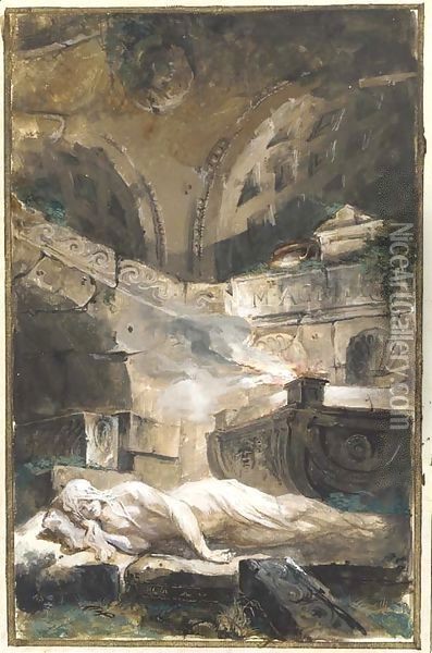 A vestal virgin reclining near a holy fire in a tomb Oil Painting - Giuseppe Bernardino Bison