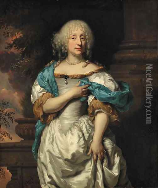 Portrait of a lady, three-quarter-length, in a white dress and a blue shawl, on a terrace, a wooded landscape beyond Oil Painting - Nicolaes Maes