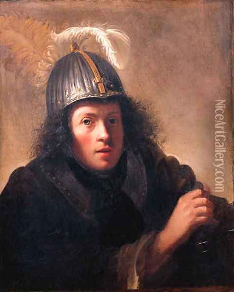 A youth, half length, wearing a helmet and holding a sword Oil Painting - Christoph Paudiss