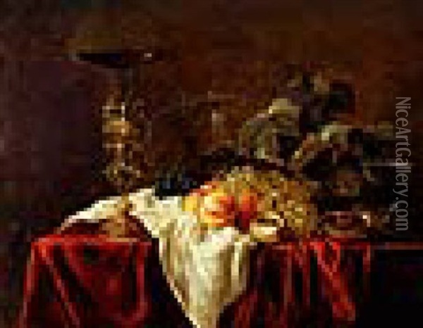 Stilleben Mit Einem Vergoldeten Schraubglashalter, Pfirsichen Und Weintrauben Oil Painting - Jan van den Hecke the Elder
