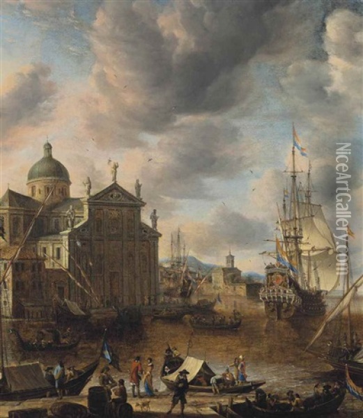 A Mediterranean 'capriccio' Harbour With Figures Conversing On A Quay And A Dutch Three-master Mooring Beyond Oil Painting - Jan Abrahamsz. Beerstraten