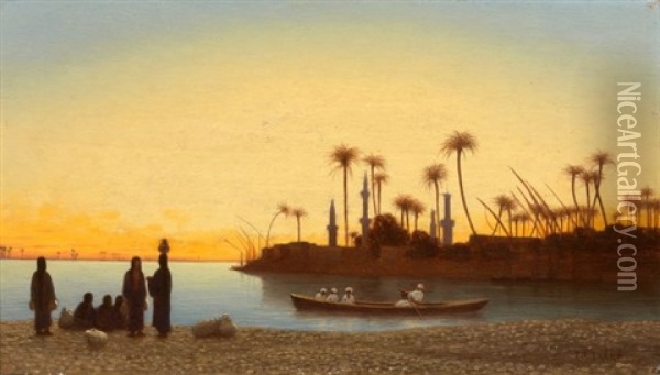 Coucher De Soleil Au Bord Du Nil Oil Painting - Charles Theodore (Frere Bey) Frere
