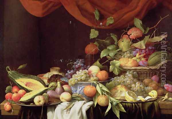 A Still Life of Fruit on a Draped Ledge Oil Painting - Joris Van Son