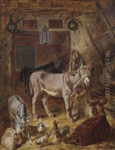 Stable Interior With Donkeys And Horses. Oil Painting - Franz Quaglio