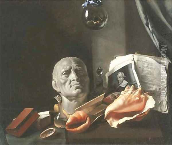 A Vanitas still-life with a bust, seashells, books, and glass flasks Oil Painting - Dutch School