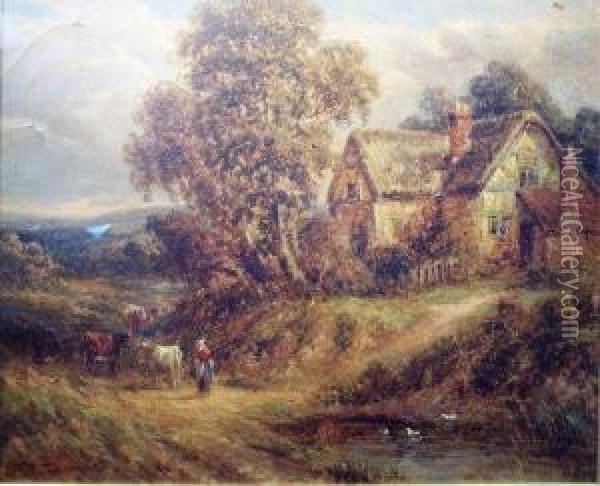 Cattle Driven Past A Cottage Oil Painting - Thomas Thomas