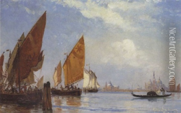 Fiskerbade Og Gondol Pa Canal Grande, Venedig Oil Painting - Holger Henrik Herholdt Drachmann