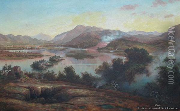 The Sleeping Geyser, Lake Rotomahana Oil Painting - Charles Blomfield