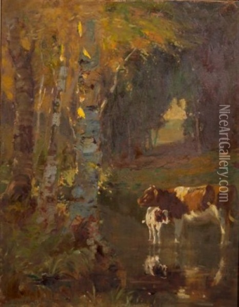 Cow And Calf In The River Shallows, Autumn Oil Painting - George Glenn Newell