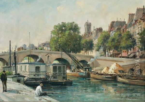 Les Bateaux-lavoirs Sur Les Quais Oil Painting - Gustave Mascart
