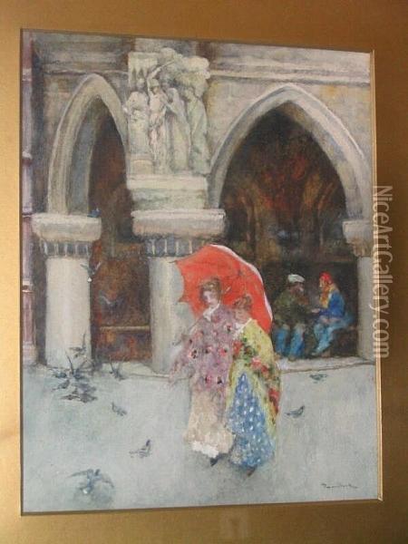 Venetian Ladies With Parasol Passing Before A Doorway Of The Doges's Palace Oil Painting - David Woodlock