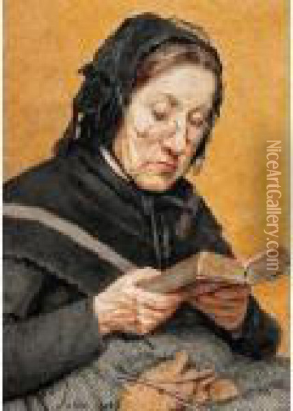 A Peasant Woman Reading Oil Painting - Albert Anker