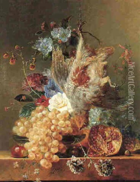 Still Life Of A Partidge Suspended Above A Stone Ledge With Flowers & Fruit Oil Painting - Georgius Jacobus Johannes van Os