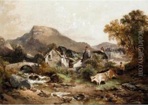 An Overshot Water Mill With Cattle And Figures Oil Painting - Joseph Horlor