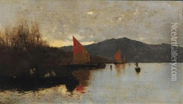 River Scene At Dusk With Boats And Figures Oil Painting - Rubens Santoro