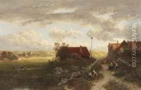 A Summer Landscape With Villagers On A Path And Woman Doinglaundry Oil Painting - Salomon Leonardus Verveer