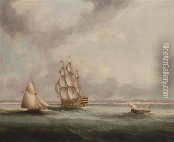 A First Rate Ship-of-the-line Passing Cadiz With An Armed Cutter Off Her Port Quarter Oil Painting - Thomas Buttersworth