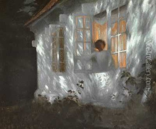 Sommeraften Ved Bangsbo. Agnes Ser Ud I Sommernatten Oil Painting - Harald Slott-Moller